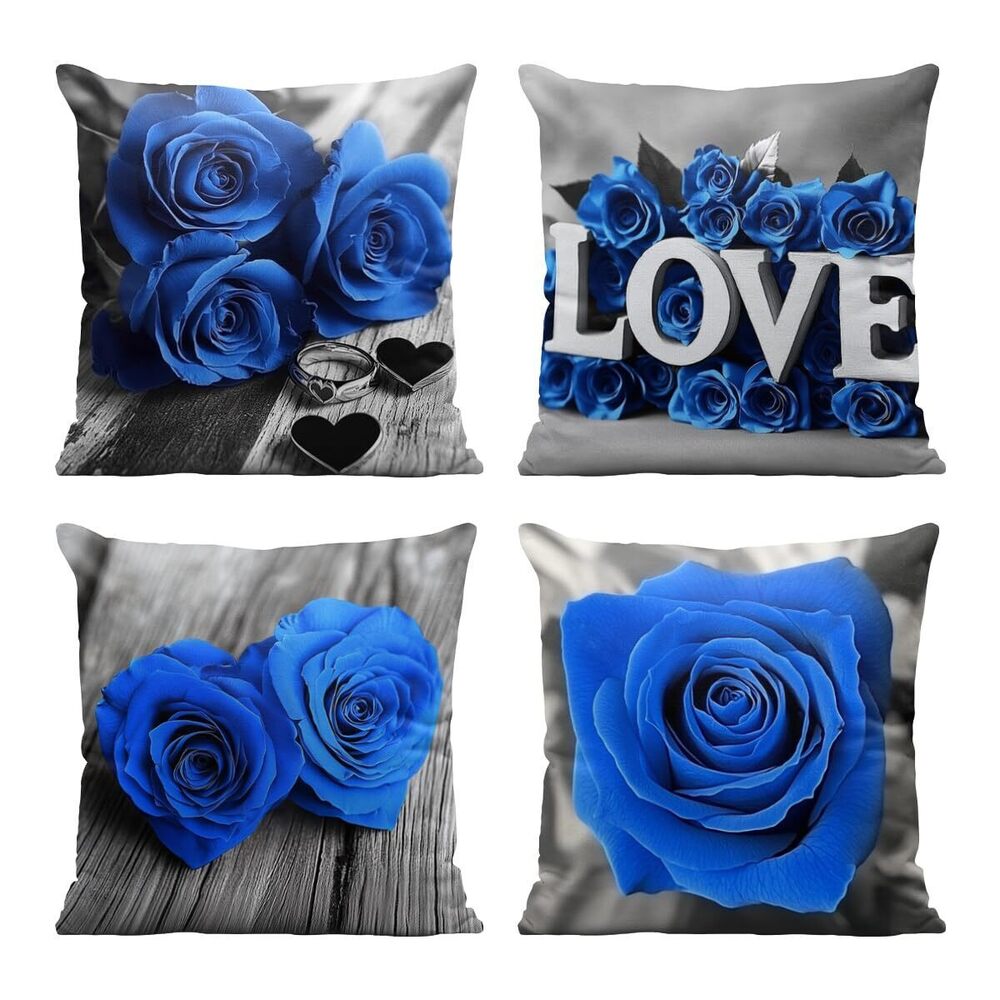 6970 Rose Pillow Covers 18x18 Inch Set of 4, Blue Flower Floral Love